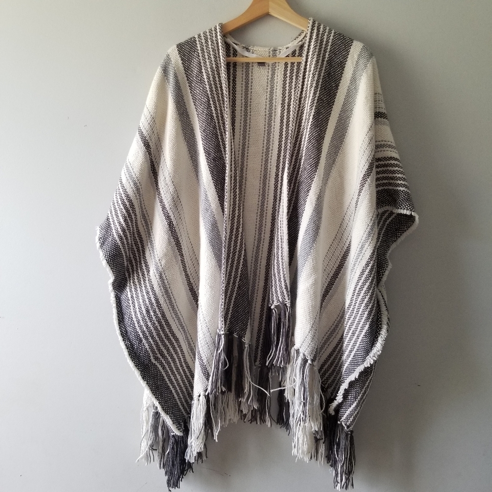 Aerie Striped Fringe Open Poncho Cover Up One Size